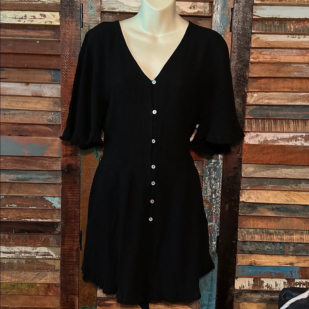 Umgee Black Romper with fringed sleeves & hem size medium